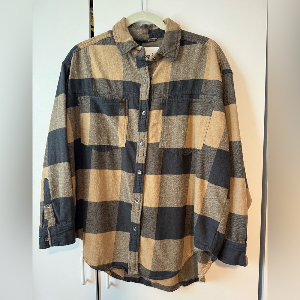 Aerie Anytime Fave Flannel Oversized Shirt (Brown)
